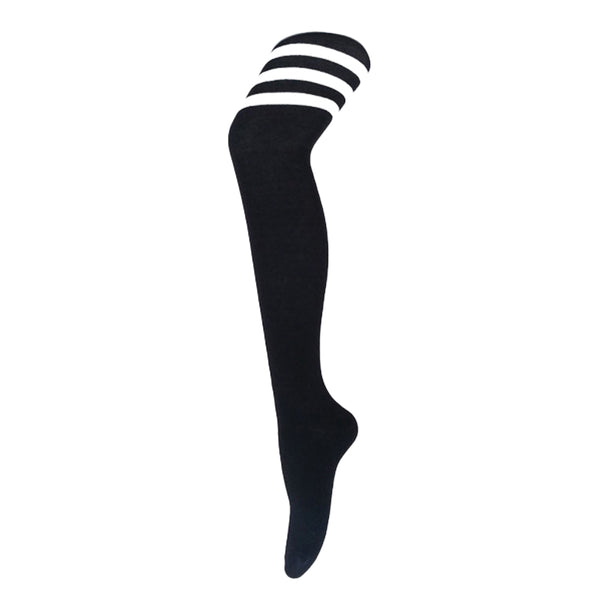 Women's Classic Black Thigh-High Socks with White Stripes