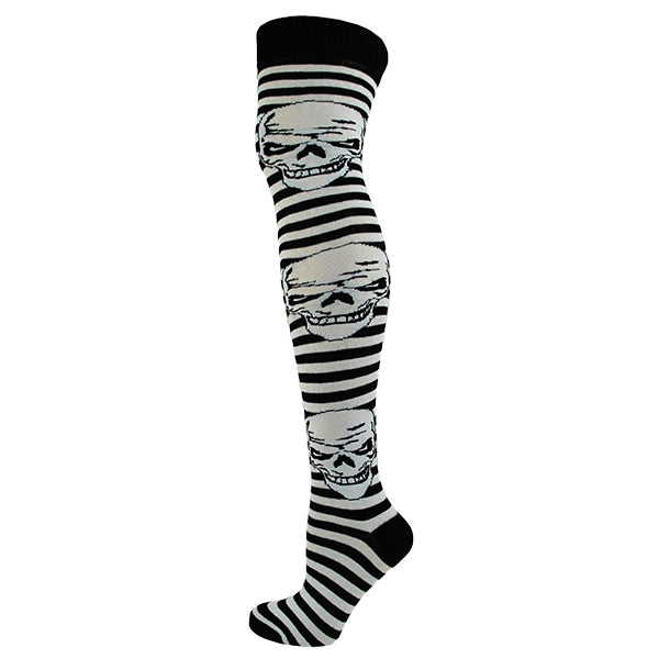 Assorted Skulls On Stripes Over The Knee Socks